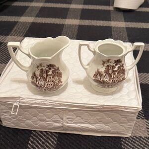 Royal Staffordshire STRATFORD STAGE Cream and Sugar Set Brown Transferware